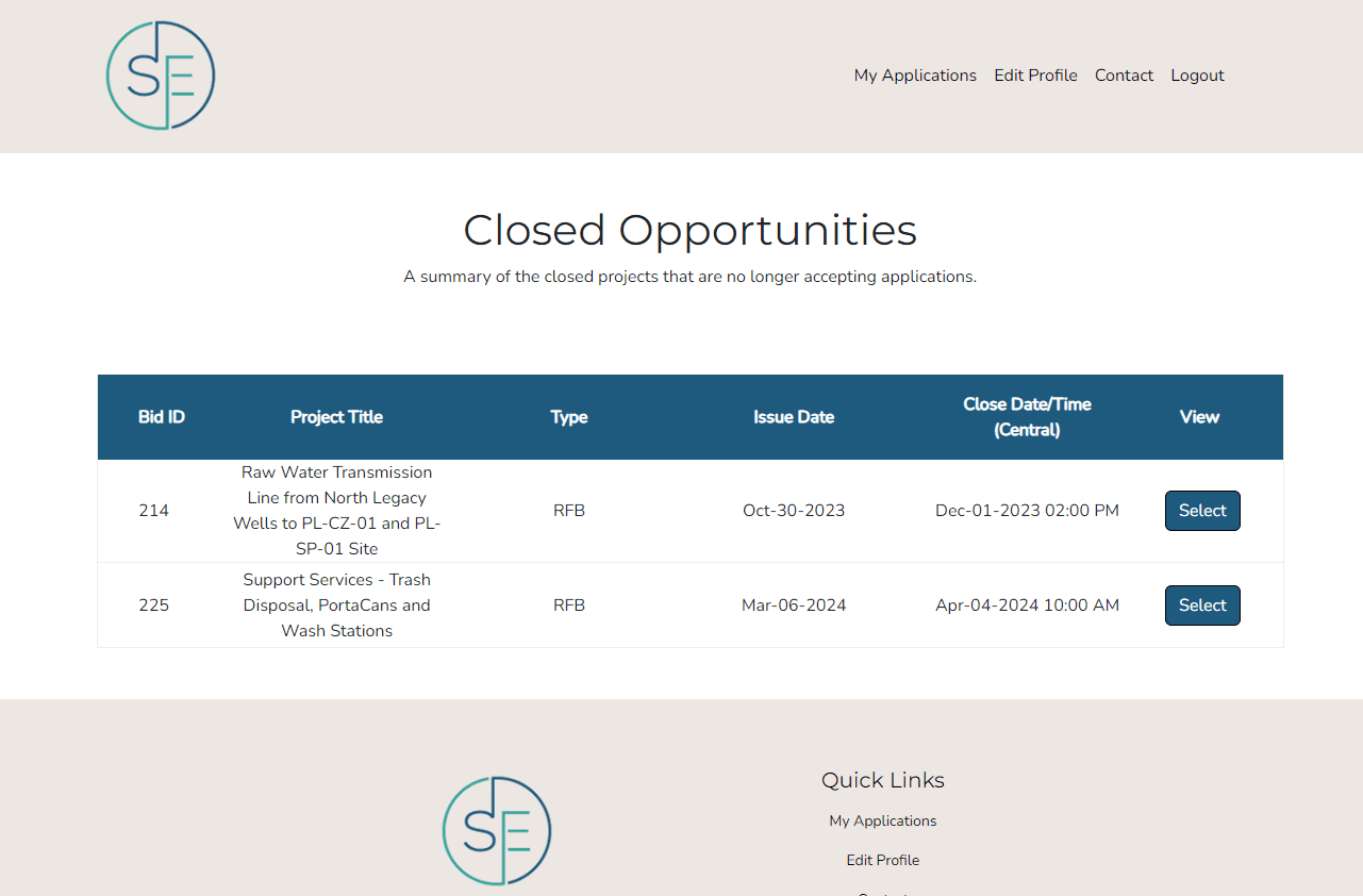Closed opportunities table in the bidding portal