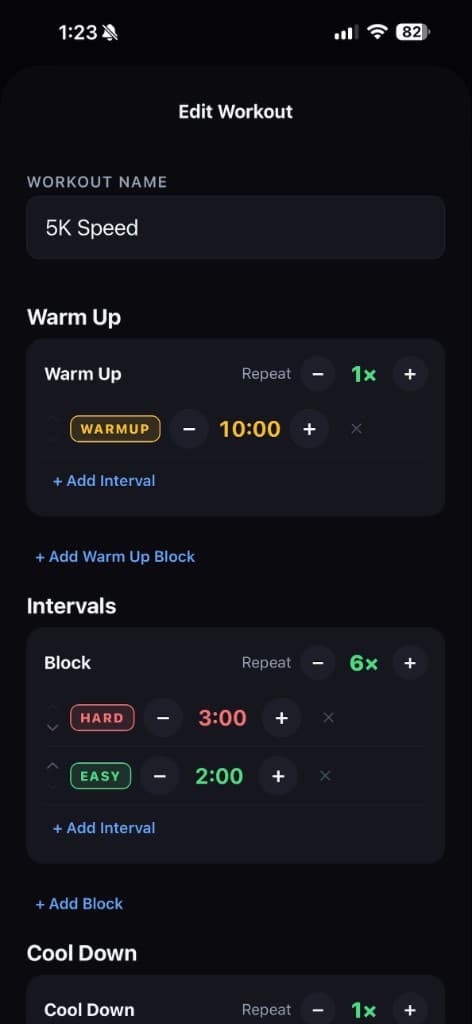 PaceCue edit workout screen with warm up, interval blocks, and cool down