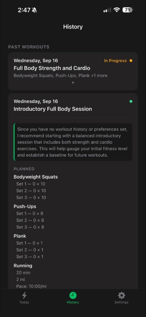 Setpoint AI history showing past workouts with exercise details and AI reasoning