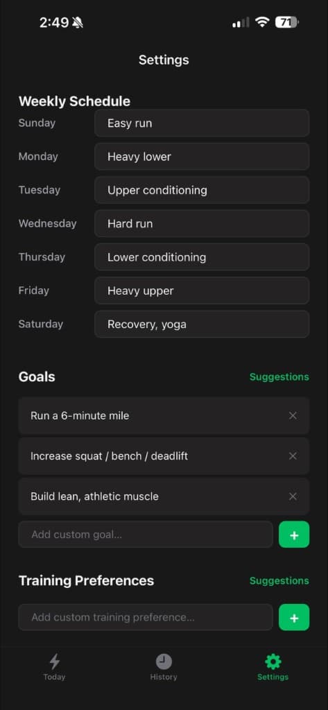 Setpoint AI settings with weekly schedule, goals, and training preferences