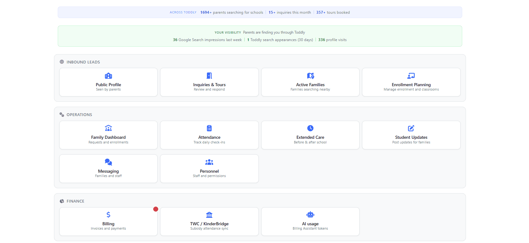 Toddly school dashboard for enrollment, operations, and finance