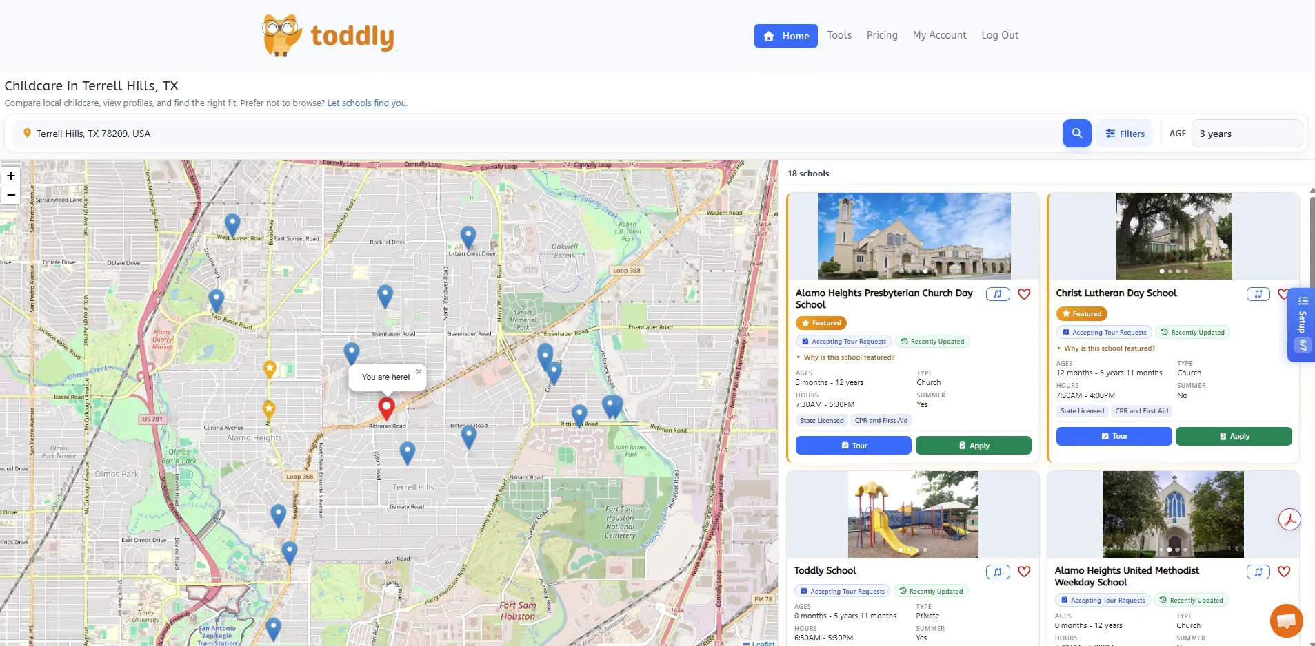 Toddly parent search with a map and school cards