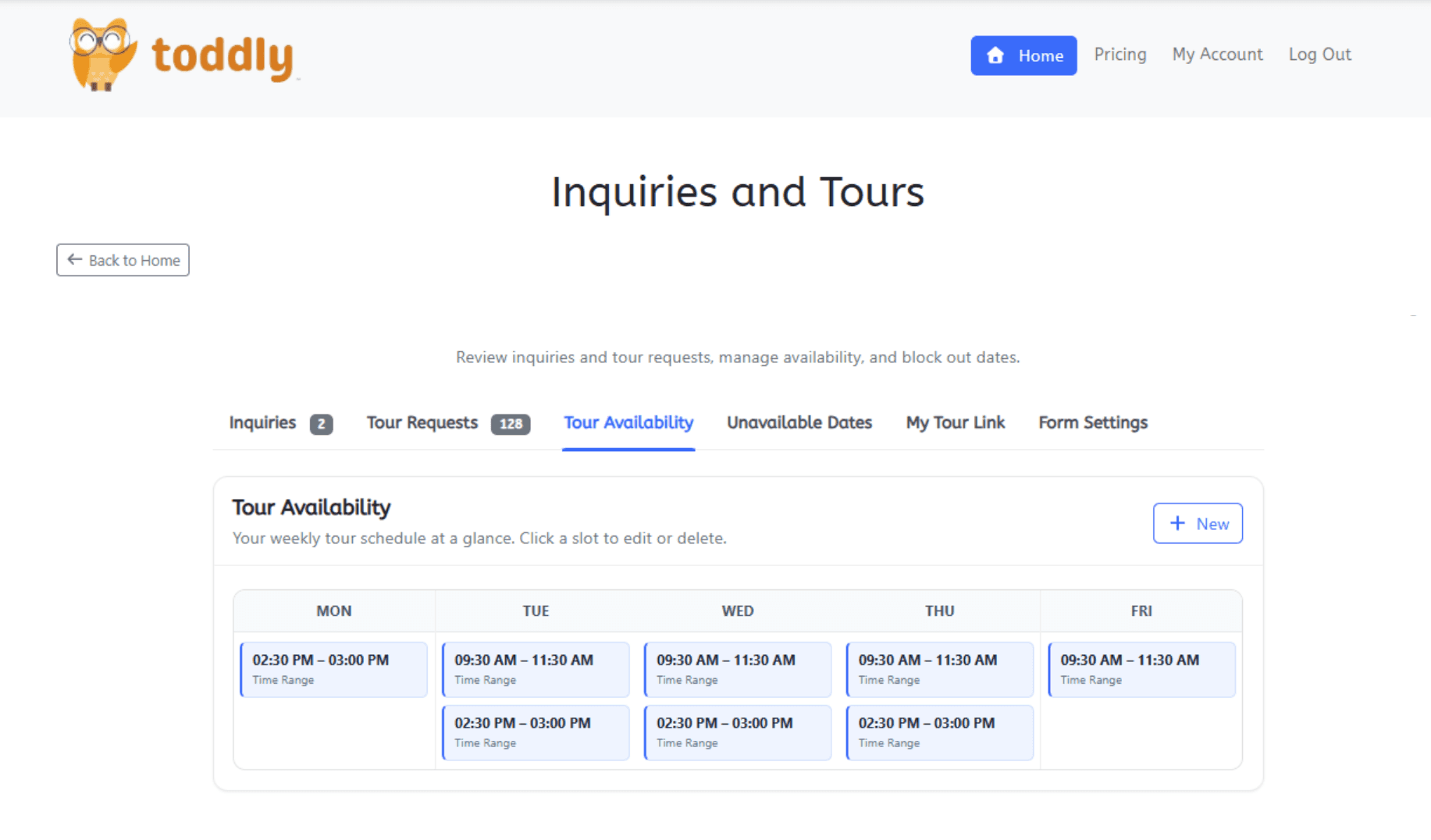 Toddly tour availability calendar
