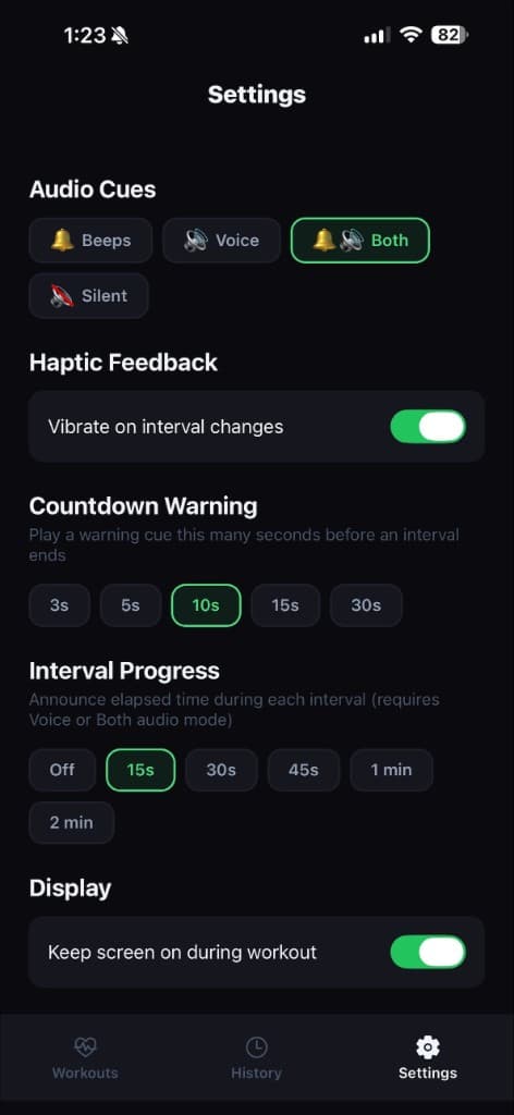 SplitCue settings for audio cues, haptic feedback, countdown warnings, and display