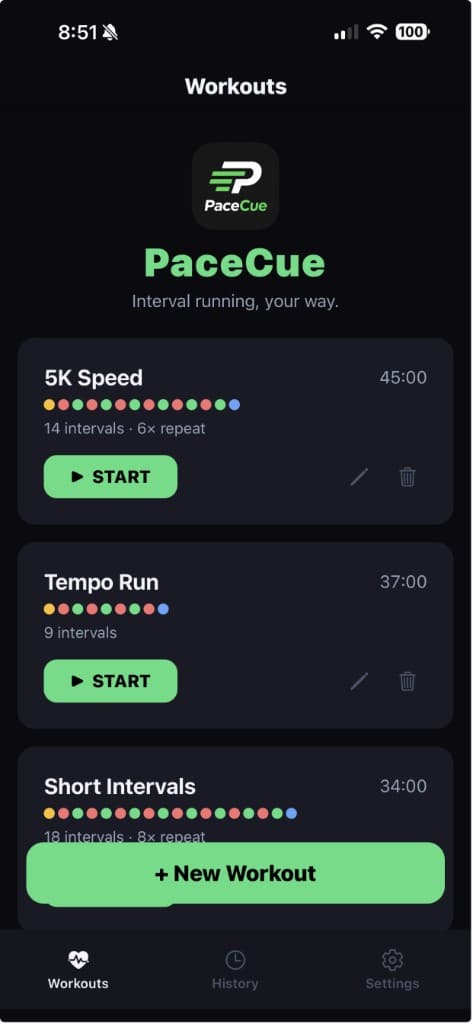 SplitCue workouts list showing 5K Speed, Tempo Run, and Short Intervals